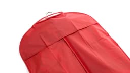 A red bag with a zipper, featuring a hanging hook and a smooth surface, suited for storage.