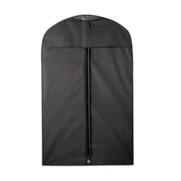 A black garment bag with a rounded top and a central zipper, featuring an internal hanger. It has a branded logo.