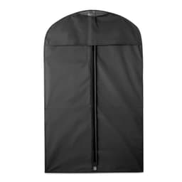 A black garment bag featuring a zip closure and a rounded top, designed for clothing storage.