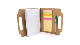A spiral-bound notebook with lined pages, sticky notes in various colours, and a green pen, all housed in a brown cover.