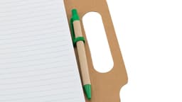 A brown notebook with lined pages and a green pen secured by an elastic band.