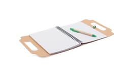 A spiral-bound notebook with blank pages, featuring a natural-coloured cover and a green pen.