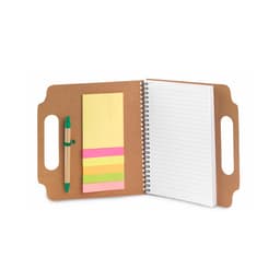 A brown notebook with a spiral binding, blank lined pages, sticky notes in yellow, pink, and green, and a green pen.