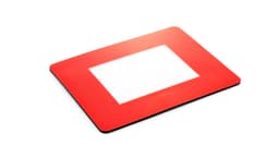 A red mousepad photo frame with a rectangular cut-out in the centre, designed for office use.