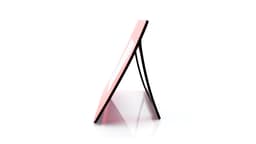 A pink mousepad photo frame with a black stand, angled for display.
