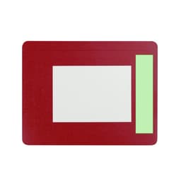 A red mousepad featuring a blank photo frame section and a green accent strip. It also includes a logo.
