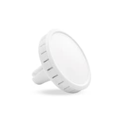 A white air freshener with a round shape and a clip attachment for easy placement in various settings.