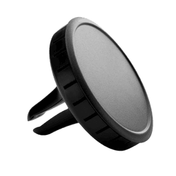 A black air freshener with a rounded design and clip attachment for mounting in a vehicle or home.