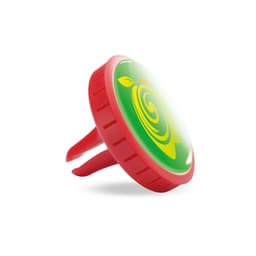 A round air freshener with a green and yellow logo on a red background, featuring a clip attachment.
