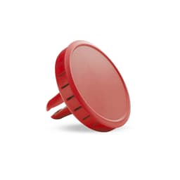 A red air freshener designed to clip into an air vent, featuring a circular design and a branding logo.