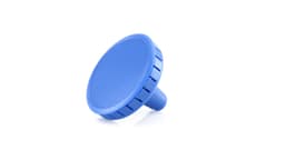 A blue air freshener with a round top and a cylindrical base, featuring a ridged design.