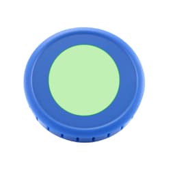 A round air freshener in blue with a green centre, featuring a simple design and branding.