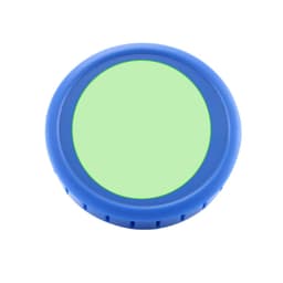 A round air freshener in blue with a green centre, featuring a logo.
