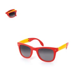 Red sunglasses with yellow accents, featuring a stylish design and a logo on the side.
