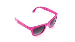 A pair of pink sunglasses featuring dark lenses and a branded logo on the side.