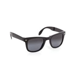 Black sunglasses with grey lenses, featuring a logo on the side, suitable for leisure and outdoor activities.