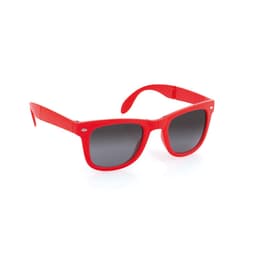Red sunglasses with dark lenses and a classic frame design. Features a logo on the side.