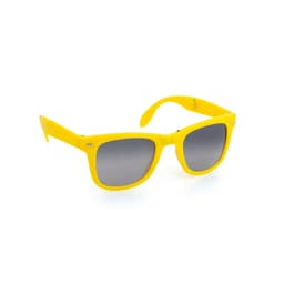 Yellow sunglasses with dark lenses, featuring a sleek design and a logo on the arm.