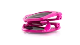 Folding pink sunglasses with dark lenses, featuring a sleek design and a logo on the frame.