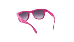 Bright pink sunglasses with gradient lenses and a sleek design, featuring a logo on the side.