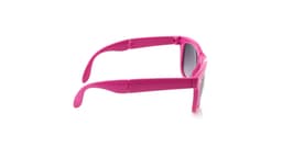 A pair of pink sunglasses with a sleek design and grey lenses, featuring a logo on one side.