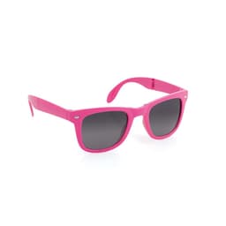 Bright pink sunglasses with dark lenses and a logo on the side. Ideal for leisure and outdoor activities.