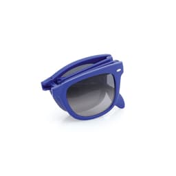 A pair of blue sunglasses with dark lenses, featuring a folding design and a logo on the frame.