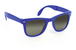 A pair of blue sunglasses with dark tinted lenses, featuring a logo on the side.