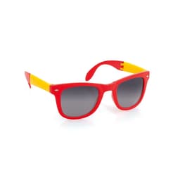 A pair of red sunglasses with yellow accents and dark lenses, featuring a logo on the side.