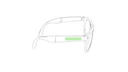 A pair of sunglasses with a clear frame and a green accent on the arm. Features a logo on the side.