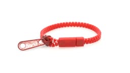 A red Hirion bracelet featuring a woven design and a decorative clasp. It includes a branding logo.