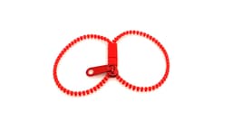 A red Hirion Bracelet with a unique design featuring a zip-like fastening and a circular arrangement of small beads.