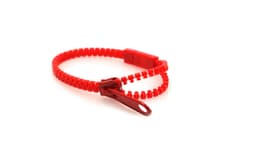 A red bracelet featuring a zip design and a clasp. It has a simple logo on the clasp.