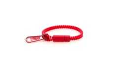 A red Hirion bracelet featuring a woven design and a decorative clasp. It includes a logo on the clasp.