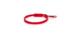 A red bracelet with a textured design and a fastening clip. It features a logo on one side.