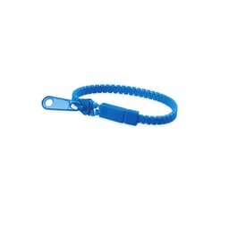A blue bracelet featuring a clasp with a small logo, designed as a clothing accessory.