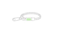 A green and grey Hirion bracelet with a clasp and woven design, featuring a branded section.