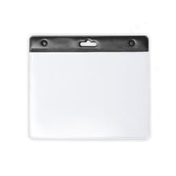 A clear plastic badge holder with a black top and hanging slot for attaching to lanyards or clips.