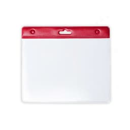 A clear name badge holder with a red plastic top and a slot for attaching to lanyards or clips.