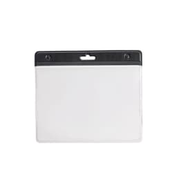 A clear plastic name badge holder with a black top and a slot for attachment.