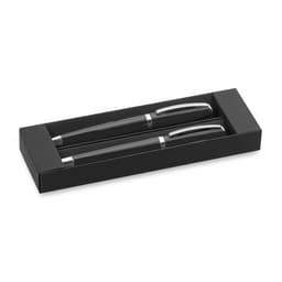 A black metal pen set in a black box with a silver accent on each pen. The package is sleek and elegant.