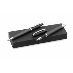 A black gift box containing two sleek metal pens with chrome accents. One pen is a rollerball, the other a ballpoint.