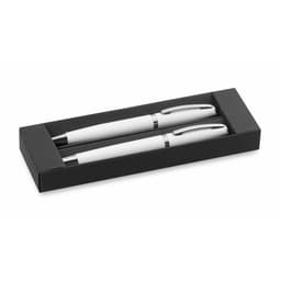 A gift set featuring two metal pens in white, packaged in a sleek black box with a logo.