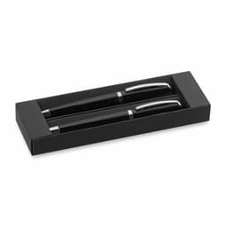 A black gift box containing two metal pens with silver accents. The set is sleek and elegant.