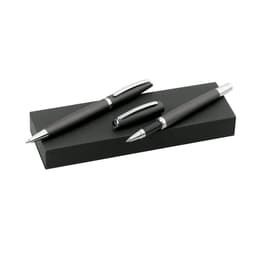 A black gift box containing two metal pens, one rollerball and one ballpoint, with silver accents.