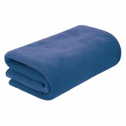 A folded blue blanket made from soft fabric, featuring a smooth texture and an organised design.