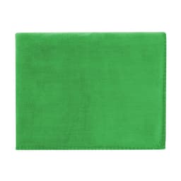 A green blanket with a soft texture, featuring a stitched edge and a logo in one corner.
