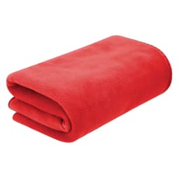 A folded red blanket with a soft texture, featuring a clean edge and no visible patterns. It has a logo.