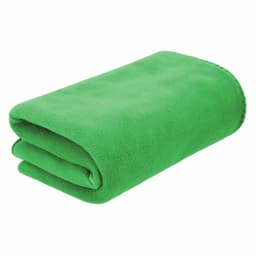 A folded green fleece blanket, soft and cosy, presented on a plain background. Features a logo.
