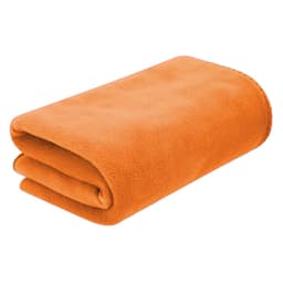 An orange fleece blanket, neatly folded. The blanket has a soft texture and a simple design, featuring a logo.
